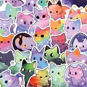 Cute fun 50 piece set vibrant vinyl stickers cat galaxy print rainbow print long